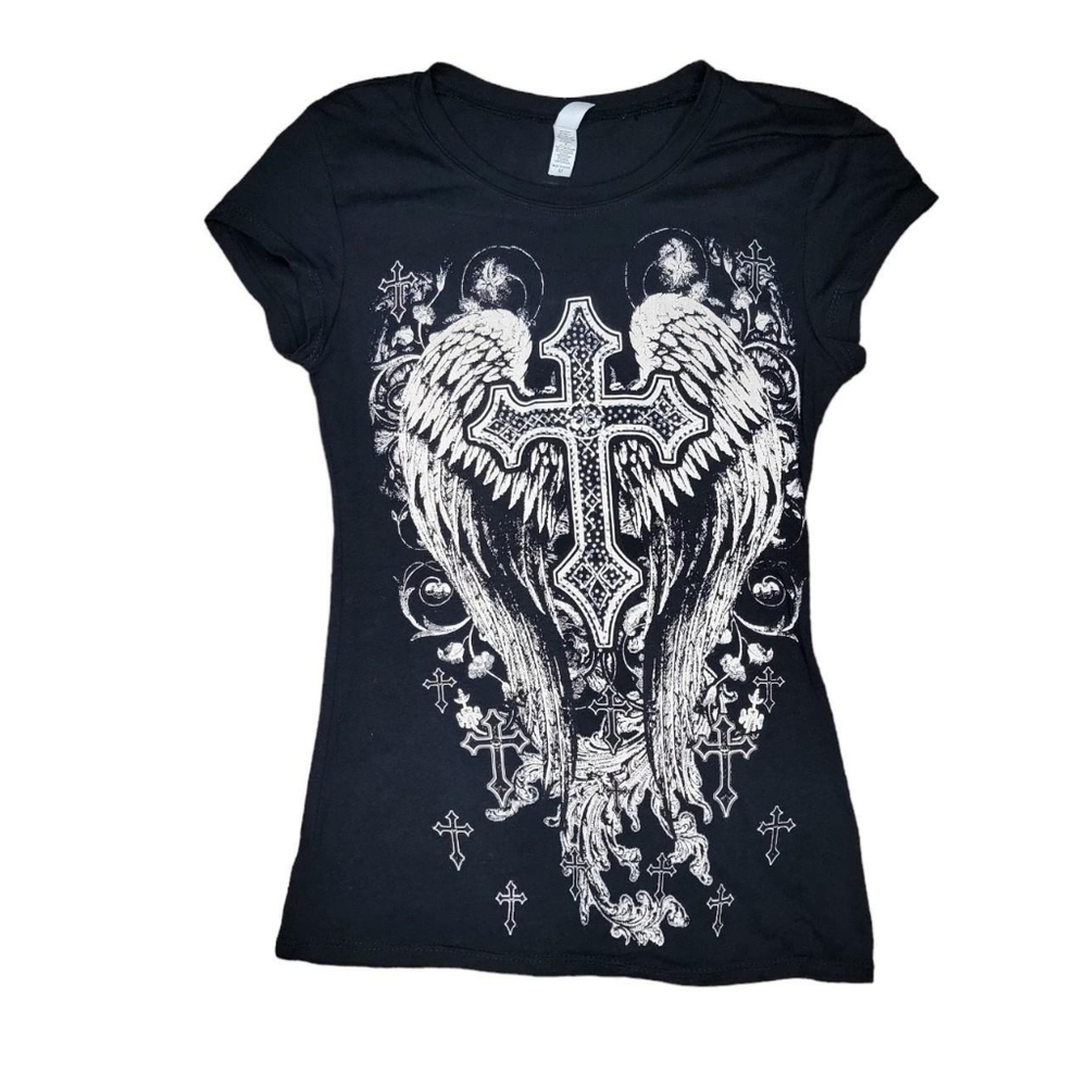Amw apparel y2k cyber goth shirt rhinestone bedazzled black white cross size m